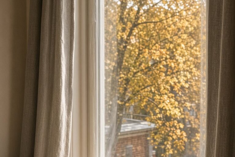 Apartment window in fall with clear insulation film taped to the white trim, grey curtains and a mug on the sill