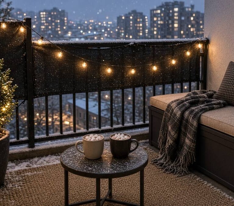 Small apartment balcony on a snowy evening with globe string lights on the railing, a privacy screen, an outdoor rug, a storage bench with a plaid blanket and a lit boxwood topiary