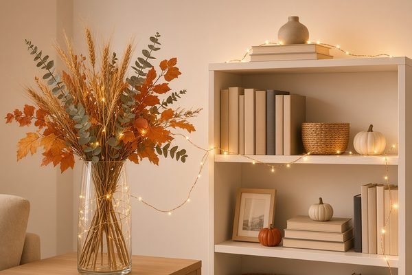 Warm white battery fairy lights woven through a bookshelf and a vase of dried wheat and orange autumn leaves