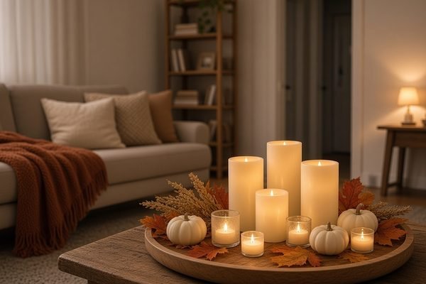 Ivory flameless LED pillar candles glowing on a wooden tray with white pumpkins, dried wheat and autumn leaves on a coffee table