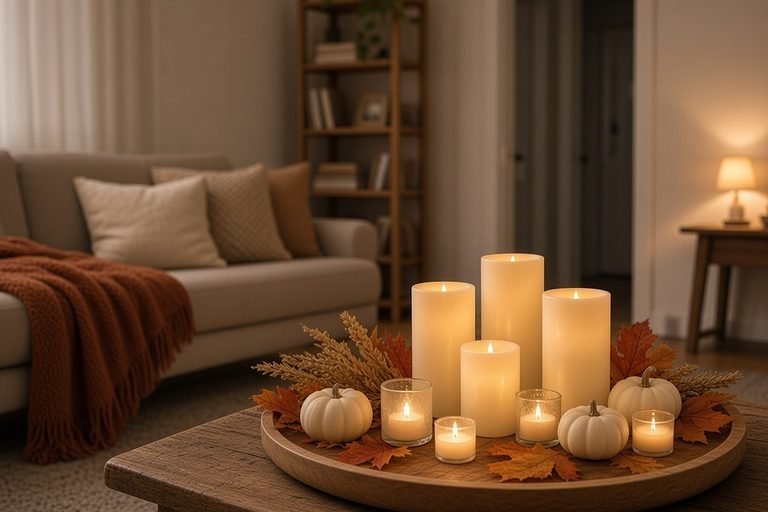 Ivory flameless LED pillar candles on a wooden tray with white pumpkins and dried wheat