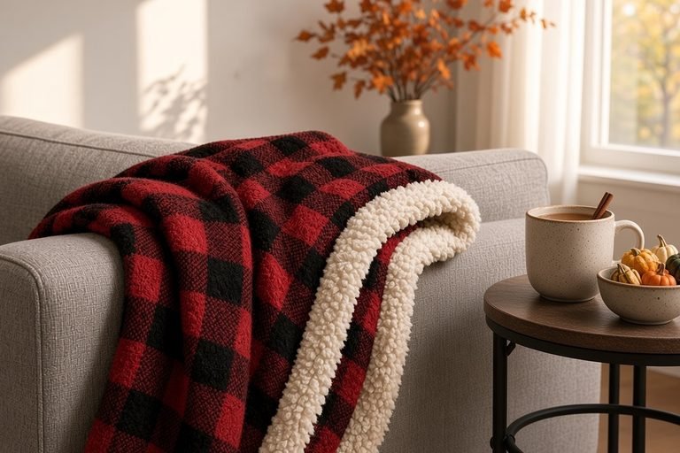 Buffalo plaid sherpa throw over a grey sofa with a mug of cider and mini gourds