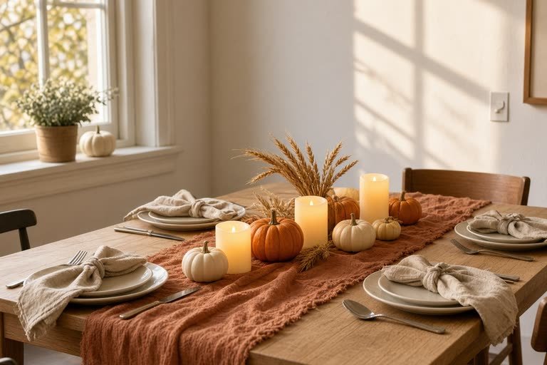 Terracotta cheesecloth runner on a small oak table set for Thanksgiving with mini pumpkins and LED candles